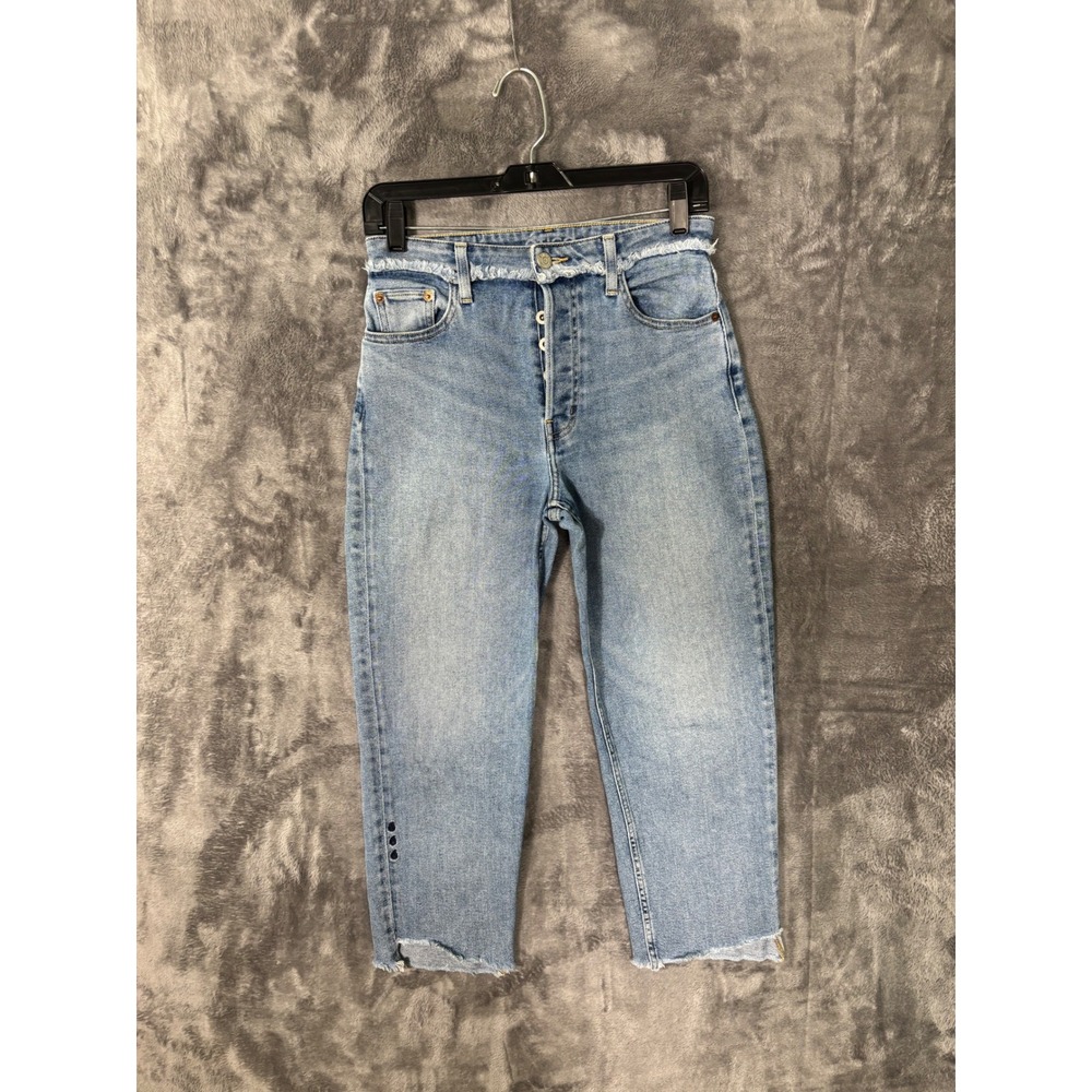 Etica Denim Light Wash Raw Hem Frayed Waist Button Fly Straight Leg Jeans